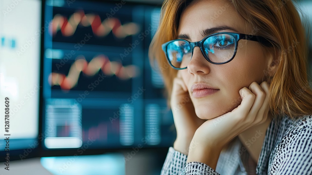 Poster focused woman analyzing data on multiple screens in a modern office environment.