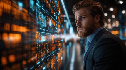 Businessman views futuristic data wall