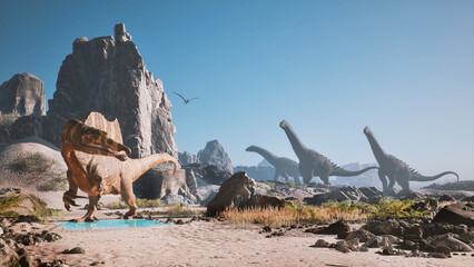 Dinosaurs roaming a prehistoric landscape under clear skies with mountains and water