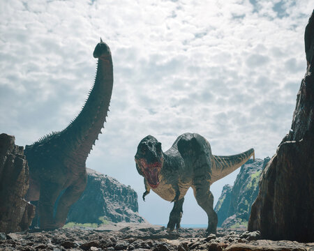 Dinosaurs roam a rocky landscape under a cloudy sky in a prehistoric setting filled with dramatic cliffs