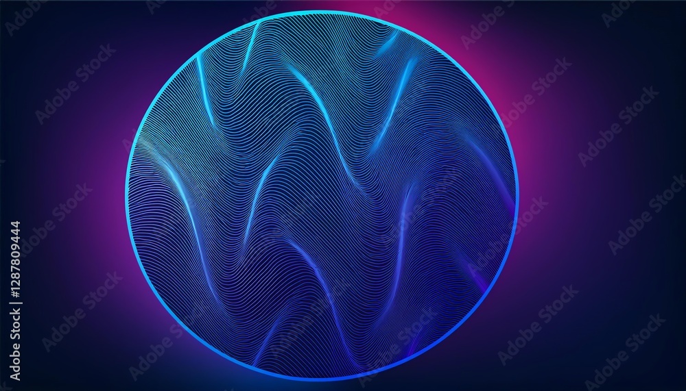 Poster a vibrant, abstract circular pattern featuring flowing lines and a luminous gradient of blue and pur