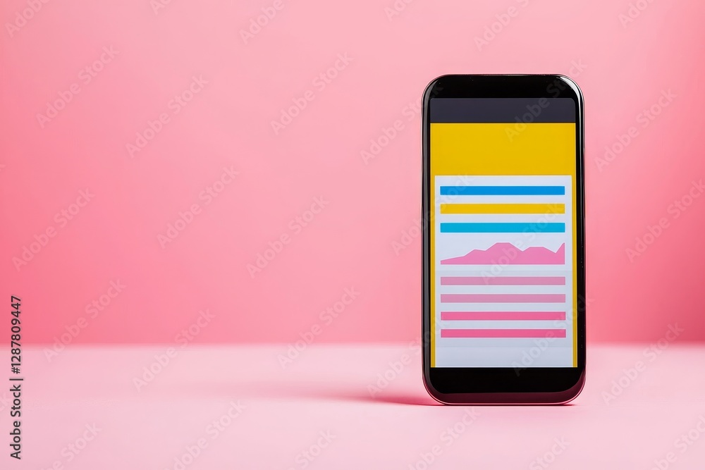 Poster a smartphone displaying colorful graphics on a pink background.