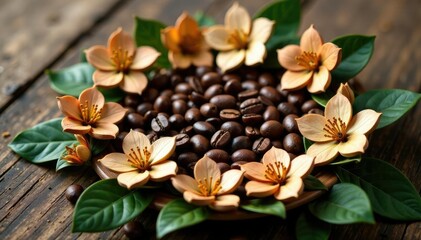 Obraz premium Delicate wooden flower garland around a coffee bean centerpiece, foliage, botanical