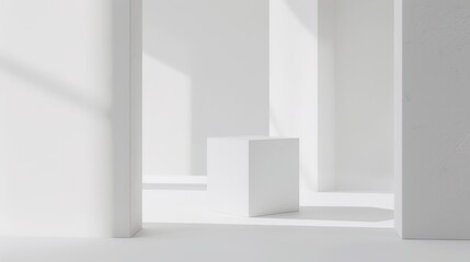 Fototapeta premium Elevate Your Display with the Minimalist White Cube Display Stand: A Blend of Style and Function. This sleek and simple display stand, featuring the classic white cube design, is not just a piece of f