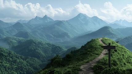 Breathtaking mountain landscape with lush greenery and a winding trail under blue skies.