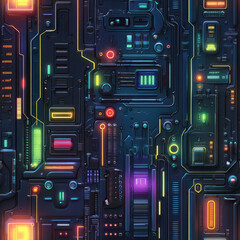 Glowing circuitry illuminates dark metallic surface, showcasing intricate electronic details and futuristic background