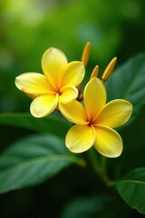 Fototapeta premium Delicate yellow frangipani flowers unfolding in a lush garden, yellow, bloom
