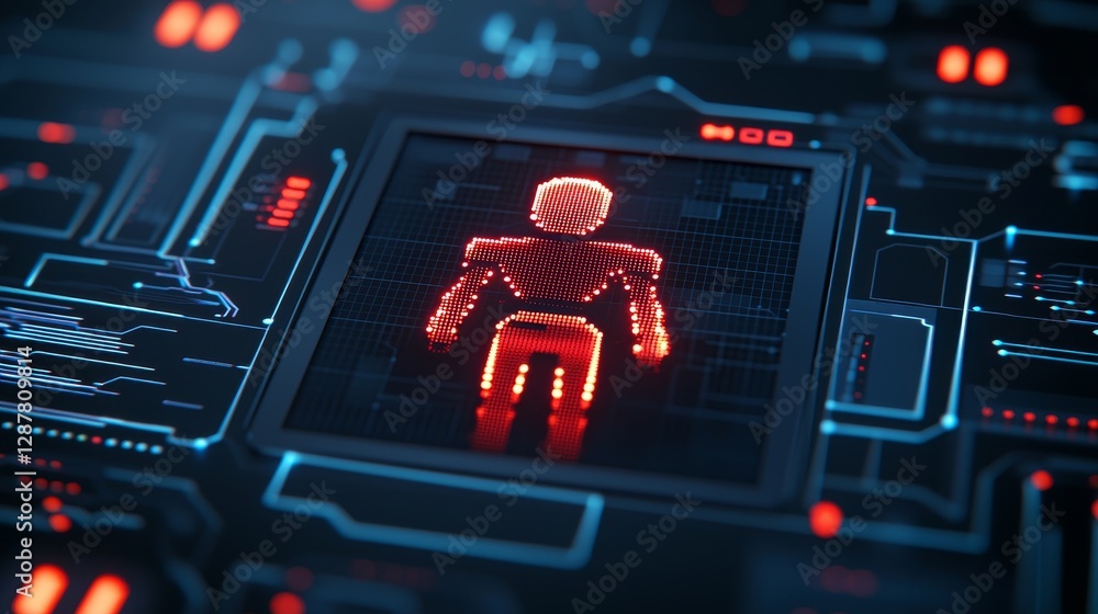 Aufkleber digital figure surrounded by a high-tech circuit board design in red and blue tones.