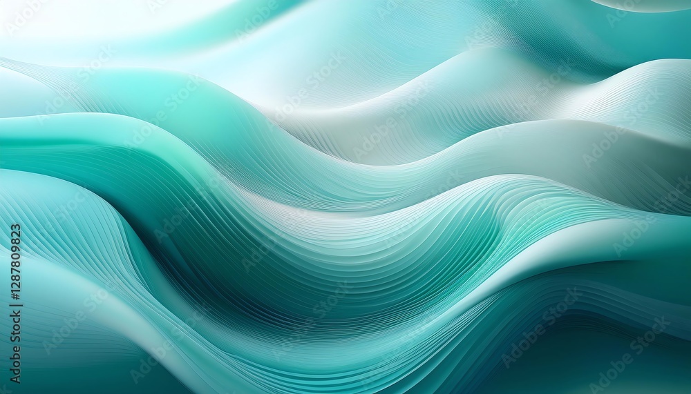 Poster a serene abstract image featuring flowing waves of teal and white, creating a calming and fluid visu