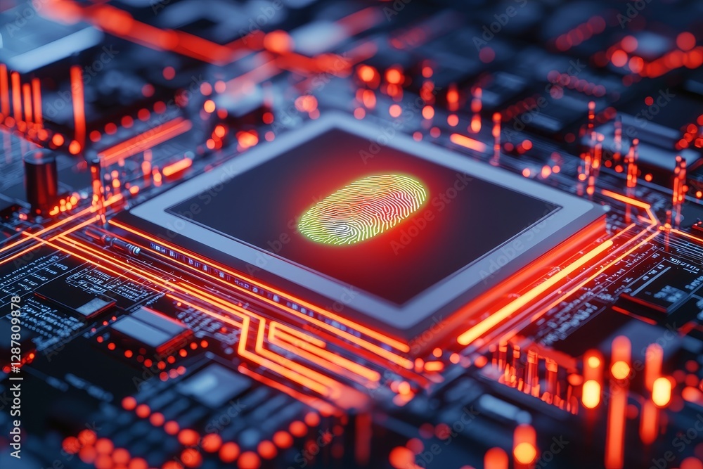 Poster digital fingerprint on a circuit board with glowing circuitry in the background.