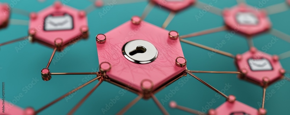Poster digital network with pink hexagons and a central lock symbol representing cybersecurity and connecti