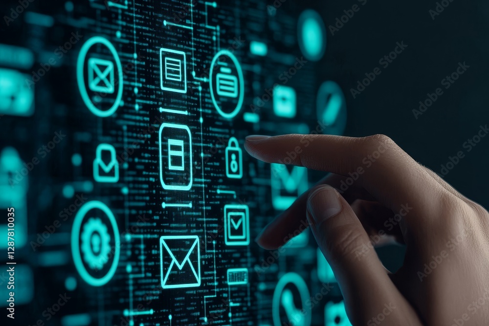 Poster digital interface with hand interacting with glowing icons and symbols on a futuristic screen.