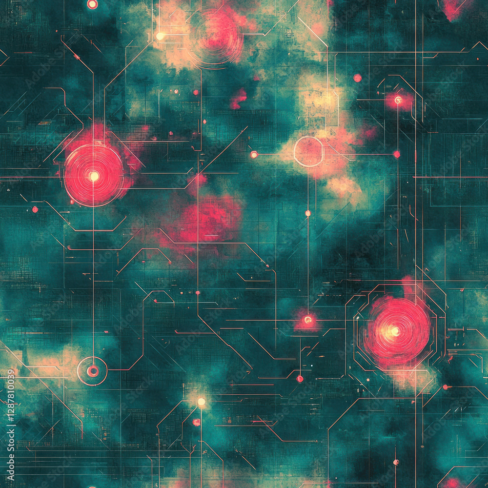 Poster glowing circuitry red light flows through networks on an aquamarine galaxy background