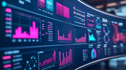 Naklejka premium Futuristic data visualization with colorful graphs and charts on a digital display.