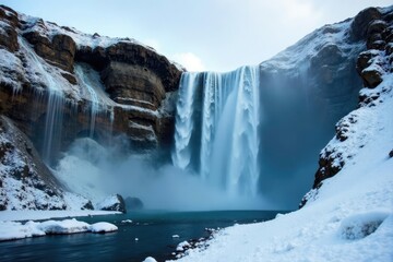 Frozen waterfall cascading down a rocky cliff, frozen landscape, frosty mist