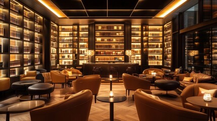 Obraz premium Cozy and Elegant Lounge with Bookshelves and Soft Lighting
