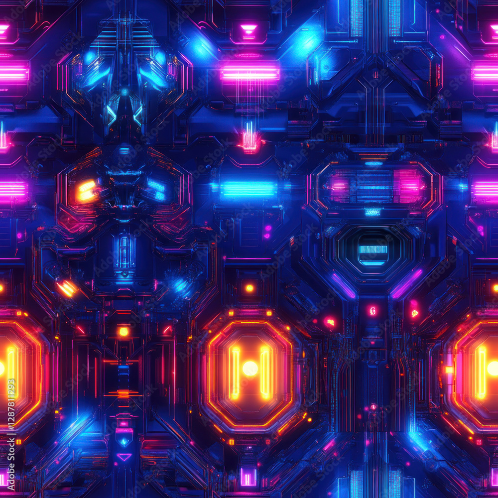 Poster glowing neon circuits complex futuristic wall texture with geometric patterns and vibrant lighting