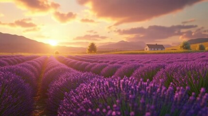Naklejka premium Lavender Field Sunset Landscape With Farmhouse