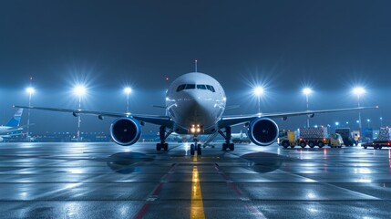 Fototapeta premium Airliner on tarmac. Airplane, airliner at airport terminal. Aviation. Travel. Airplane. Tourism. Transportation. 