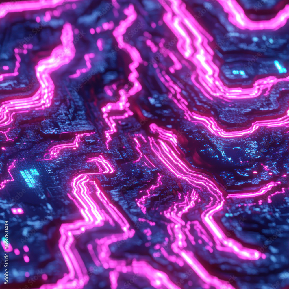 Poster glowing pink and blue circuitry flowing across textured dark surface creating a modern, technologica