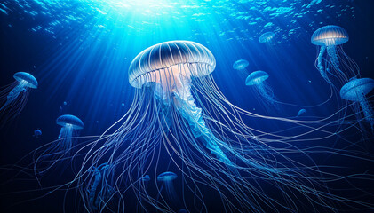 Dreamy underwater scene with glowing jellyfish and deep blue hues