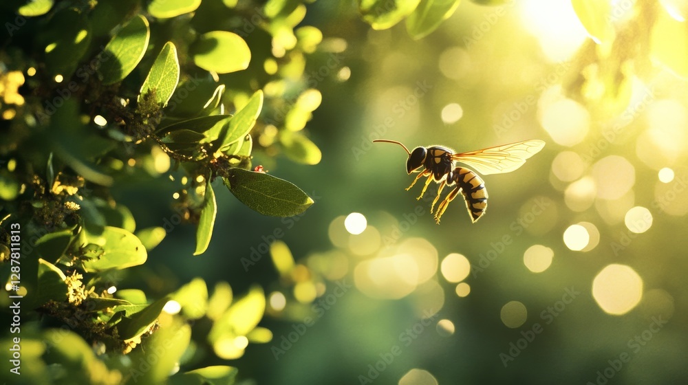 Poster bee hovering near bright green leaves in sunlight with bokeh background. nature and pollination conc
