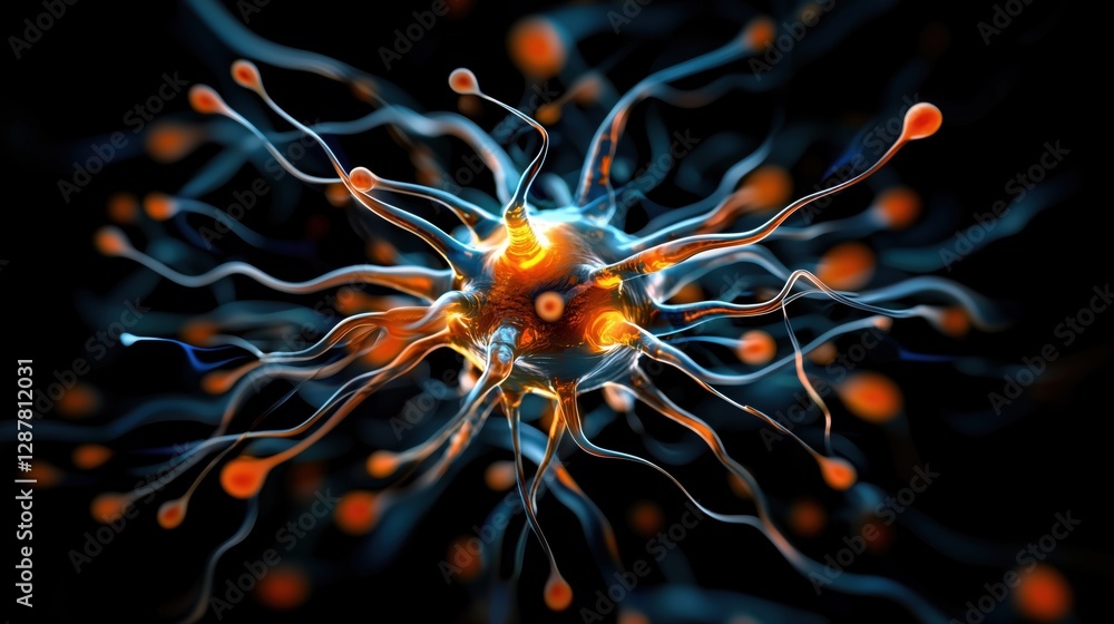 Poster detailed representation of a neuron in motion highlighting the intricate connections and dynamics of