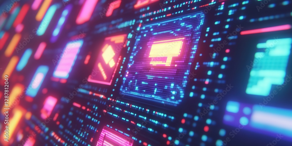 Poster close-up of vibrant neon circuit board with digital patterns