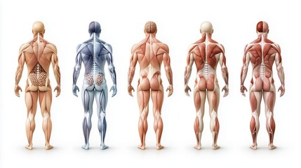 Detailed Anatomical Illustration of Human Physiology Featuring Muscular Structures and Systems from Different Angles for Medical Science Exploration