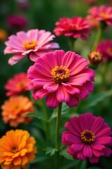 Obraz premium Brightly colored zinnia flowers with large petals, garden, colorful flowers, blooms