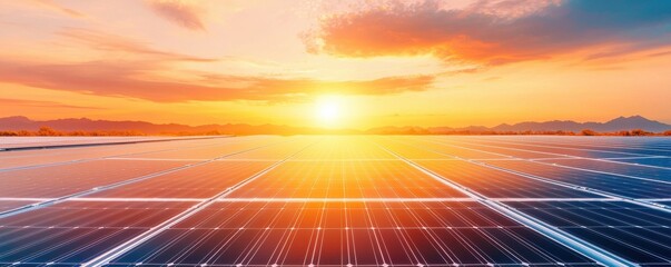 Obraz premium Sunset over solar panels, showcasing renewable energy and sustainable technology.