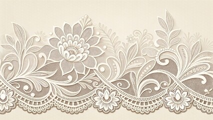 Elegant White Floral Lace Border on a Soft Cream Background with Fine Details sophisticated white floral lace border gracefully frames a soft cream background, featuring intricate patterns 