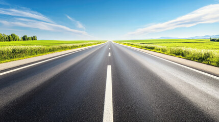 Fototapeta premium Wide road into distance, flanked by green fields and blue sky. High-definition, horizontal composition. Serene beauty.