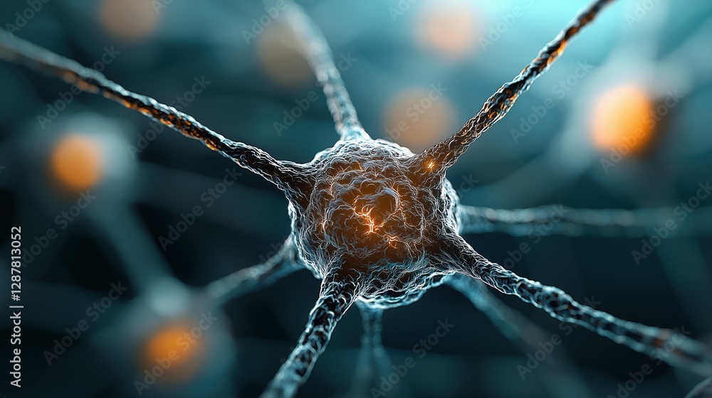 Poster close-up view of neuron cell structure in a detailed representation of physiology and medical scienc