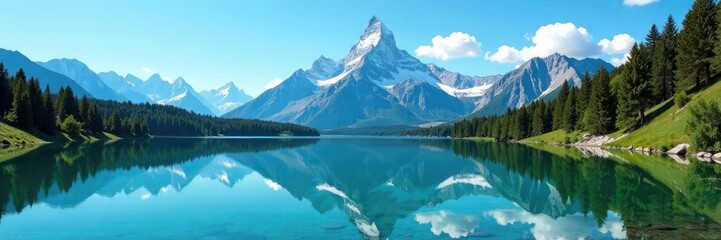 Majestic mountain peaks reflect in crystal-clear lakes and ponds under a clear blue sky, water, clear, railway