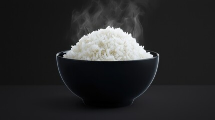 Serving steaming white rice in a black bowl kitchen food photography minimalist top-down view culinary art
