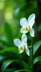Fototapeta premium Delicate white orchid blooms amidst lush green foliage, floral, garden