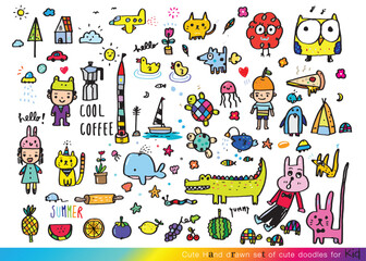 Collection of hand drawn cute doodles,Doodle children drawing,Sketch set of drawings in child style,Funny Doodle Hand Drawn,Page for coloring, cute animal hand drawn, cute Doodle