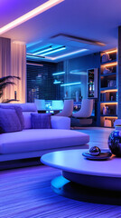 A modern modular smart home with alternating cyan and magenta neon accents, casting a futuristic glow.