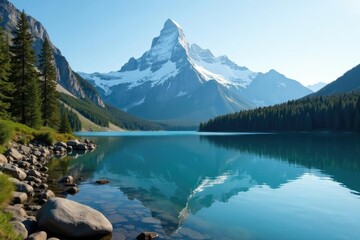 Majestic snow-capped mountain rising from the lake's surface, Wilderness, Lakeside Scenery