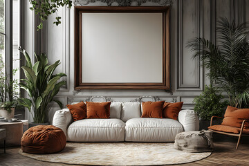 A bright and airy living room with a white sofa, warm brown pillows, a large ornate picture frame, and lush green plants, blending classic and modern elements