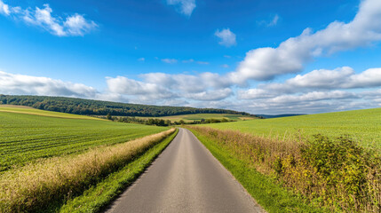 Fototapeta premium Wide road into distance, flanked by green fields and blue sky. High-definition, horizontal composition. Serene beauty.