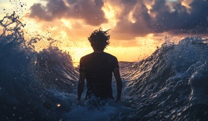 Silhouette of a person wading through ocean waves at sunset
