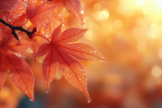 A close-up of vibrant red maple leaves glistening with dew drops, bathed in warm sunlight, capturing the beauty and tranquility of autumn