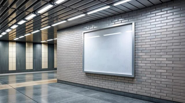 Modern designer wall with empty white mock-up billboard, clean and minimalistic interior space with neutral colors and industrial style, concept of advertising, marketing, and display areas