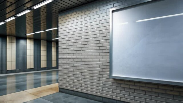 Modern designer wall with empty white mock-up billboard, clean and minimalistic interior space with neutral colors and industrial style, concept of advertising, marketing, and display areas
