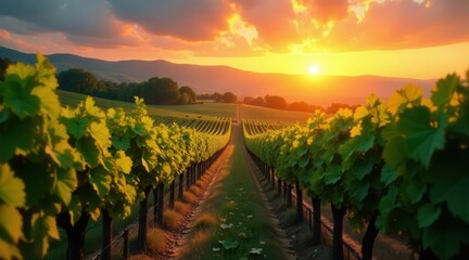 Fototapeta premium Golden Hour Vineyard Rows at Sunset A Serene Pathway Through Lush Green Vines and Rolling Hills