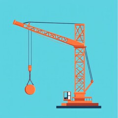 Orange Construction Crane Lifting on Light Blue Background
