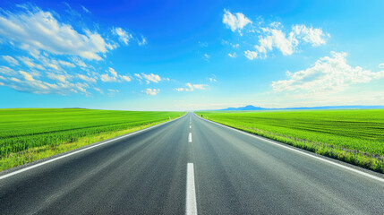 Fototapeta premium Wide road into distance, flanked by green fields and blue sky. High-definition, horizontal composition. Serene beauty.