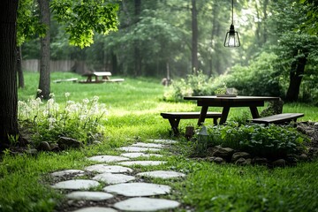 Serene garden pathway leading to a rustic picnic area surrounded by lush greenery in the afternoon light